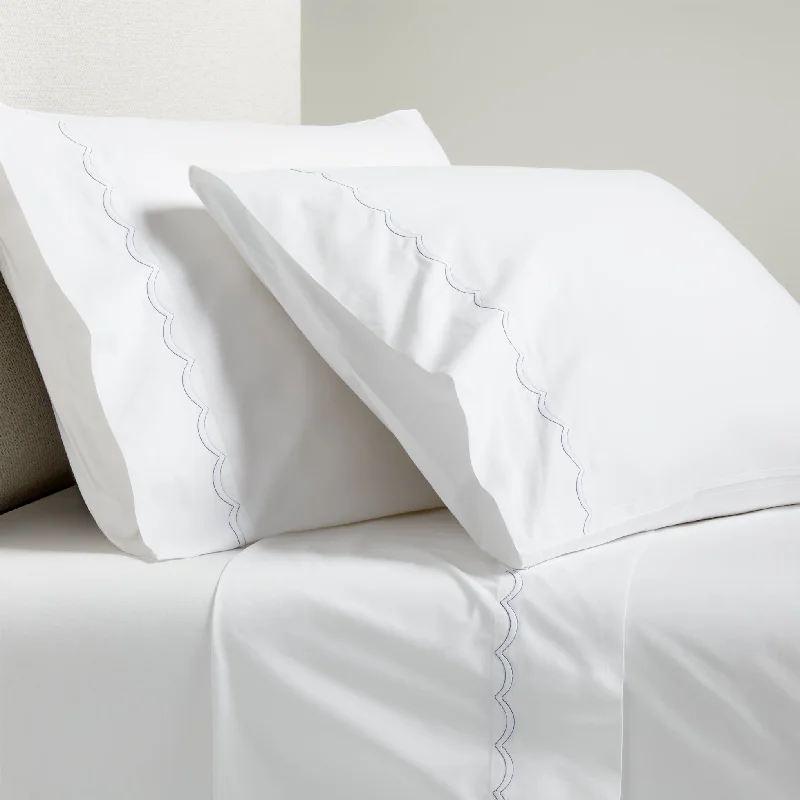 Blue Scallop Stitch Percale Sheet Set