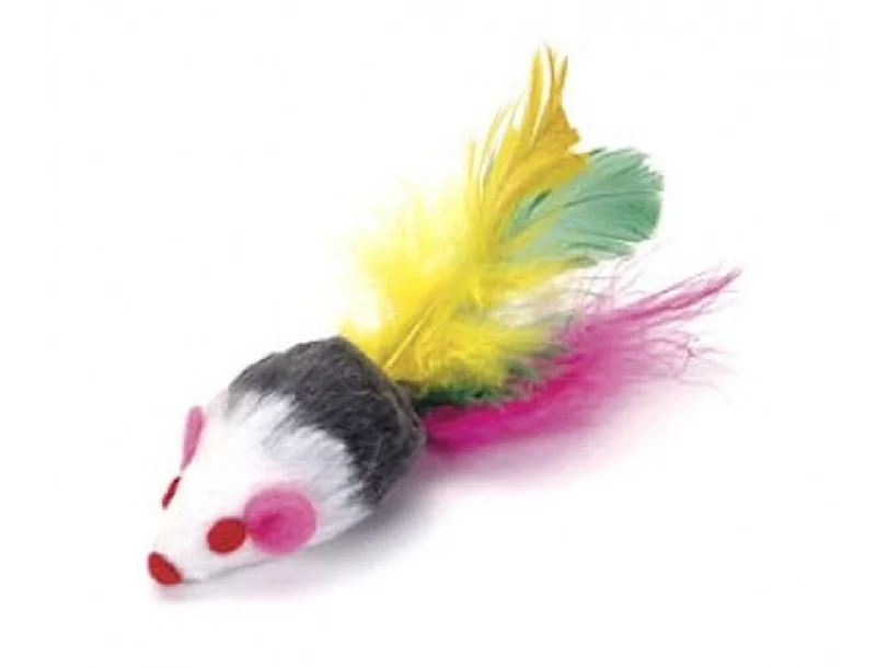 GO CAT Rattle Fur Mouse with Feather Tail