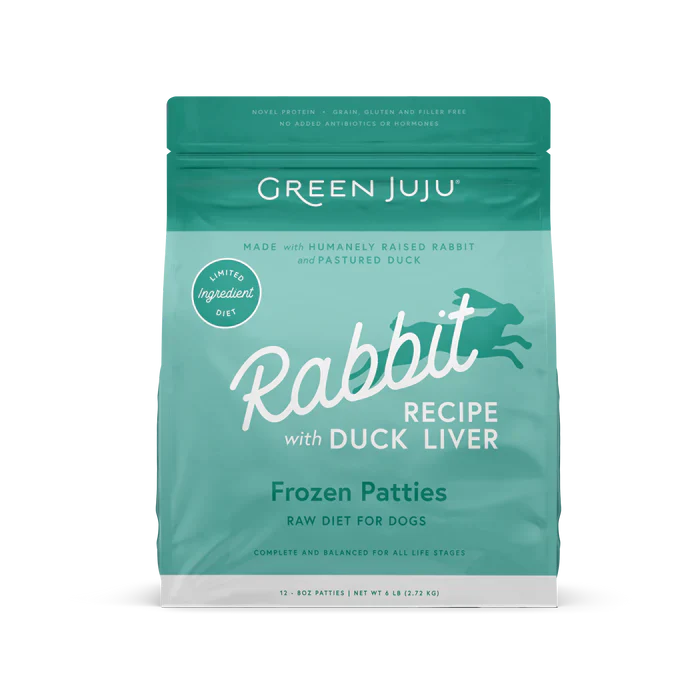 Green Juju Rabbit Recipe with Duck Liver Frozen Patties & Sliders Raw Diet for Dogs (6 LB)