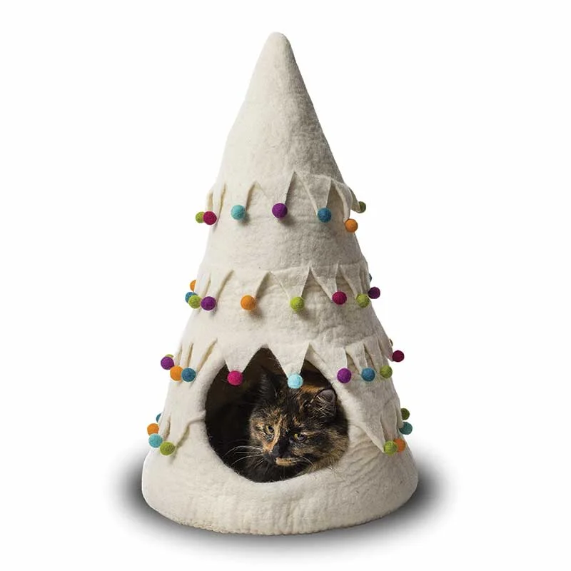 KARMA CAT Wool Cat Cave, Holiday Tree White