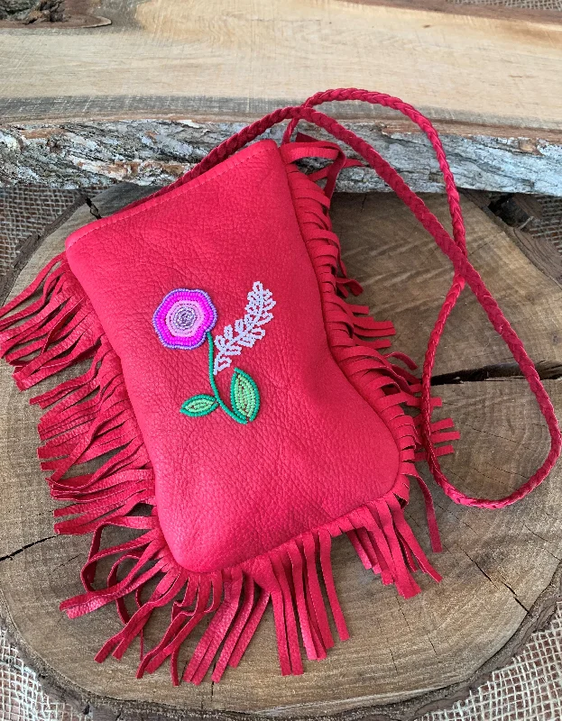 Red Deer Leather Beaded Shoulder Bag; By Laura Leonard Originals