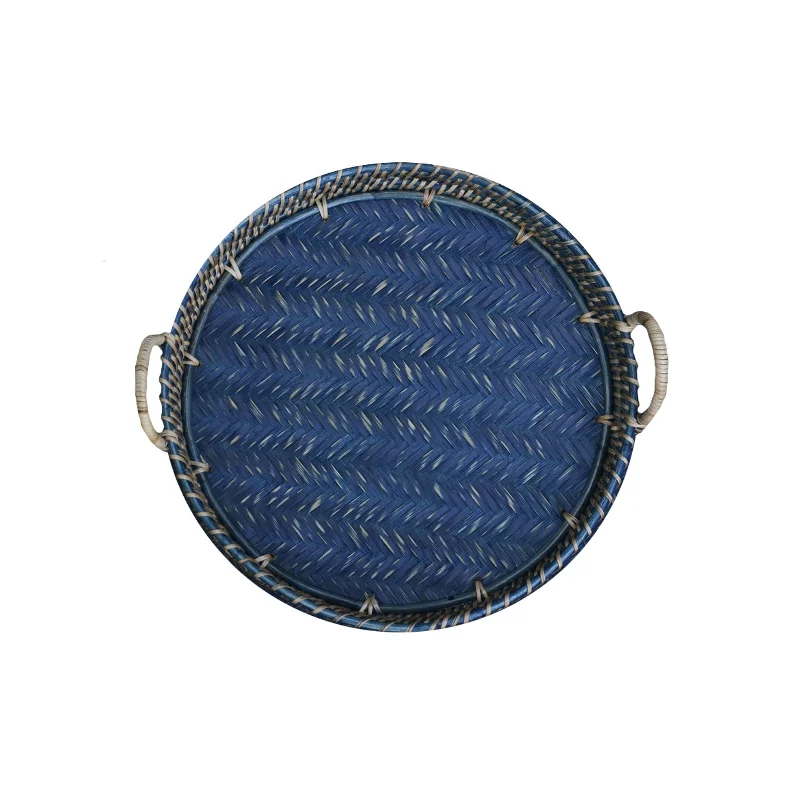 Round Rattan Tray in Navy Blue