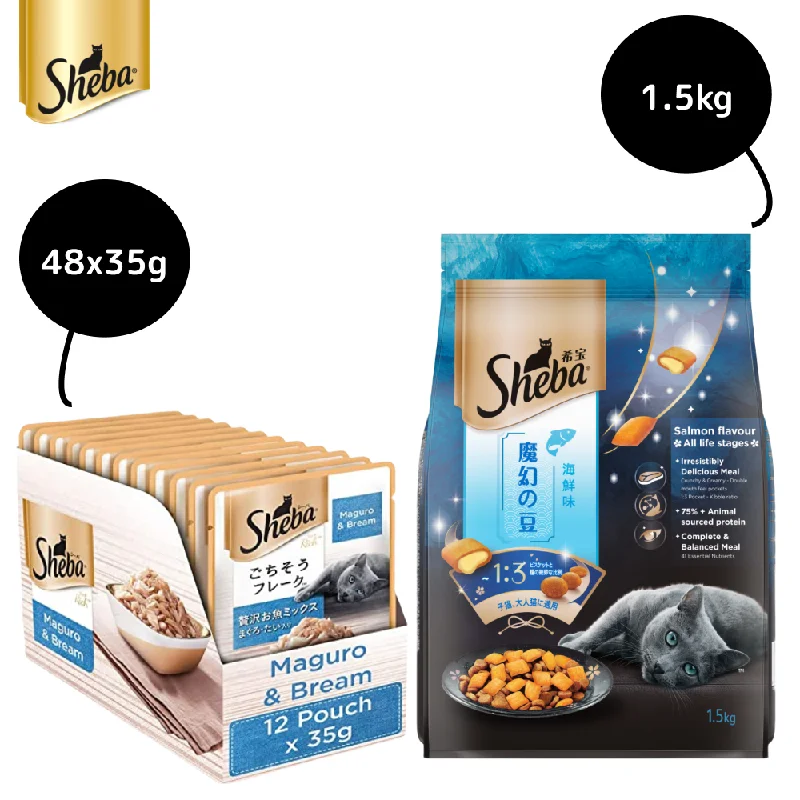 Sheba Maguro & Bream Fish Mix Premium Cat Wet Food and Salmon Flavour Irresistible All Life Stages Cat Dry Food Combo