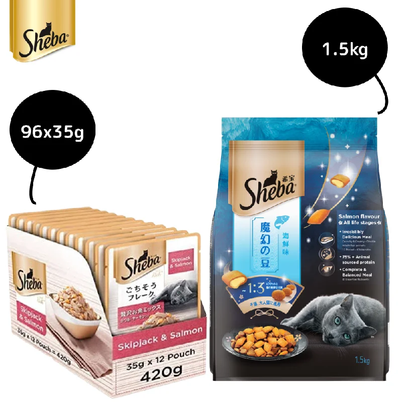 Sheba Skipjack & Salmon Fish Mix Cat Wet Food and Salmon Flavour Irresistible All Life Stages Cat Dry Food Combo