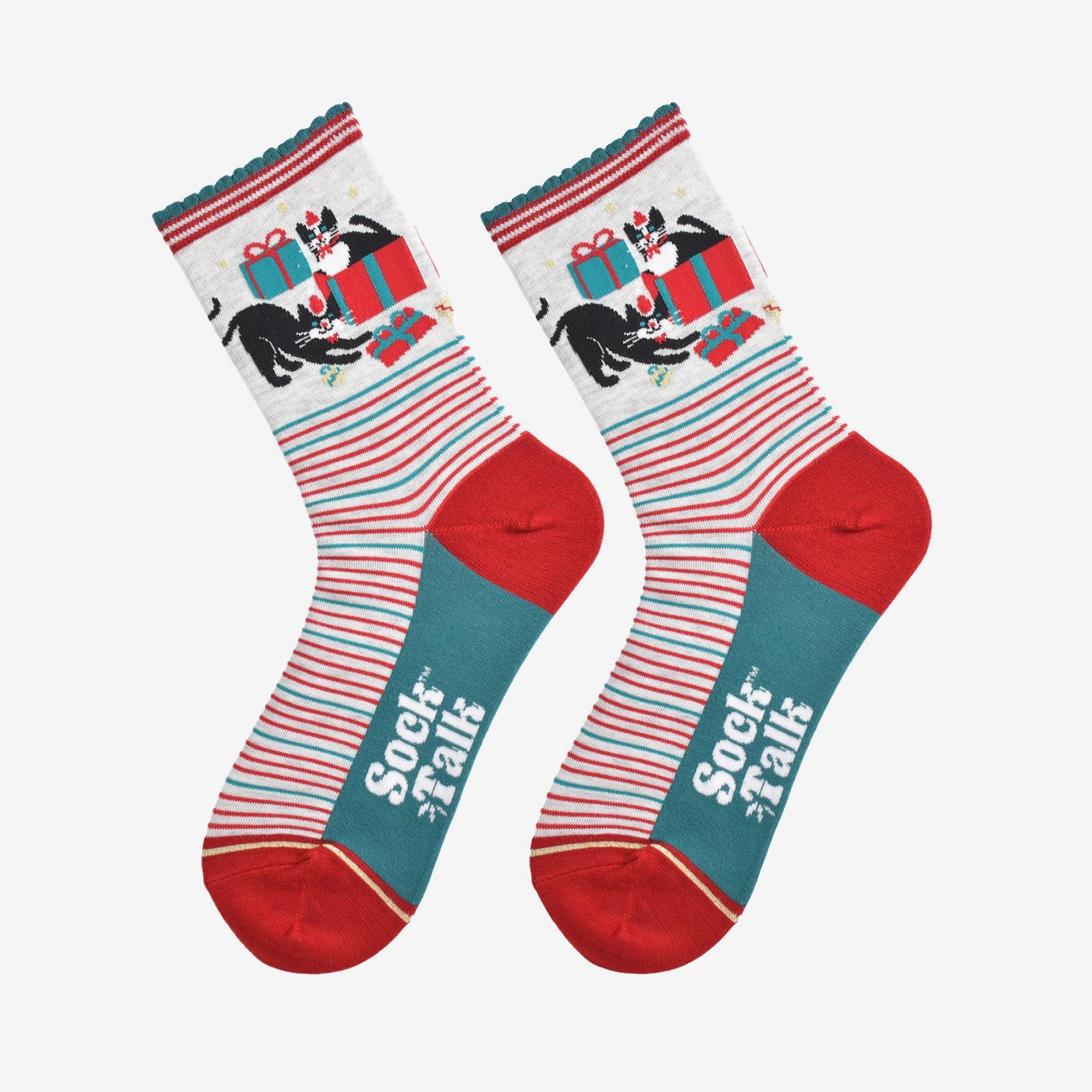 SOCK TALK Grey/Red, Christmas Cats Present