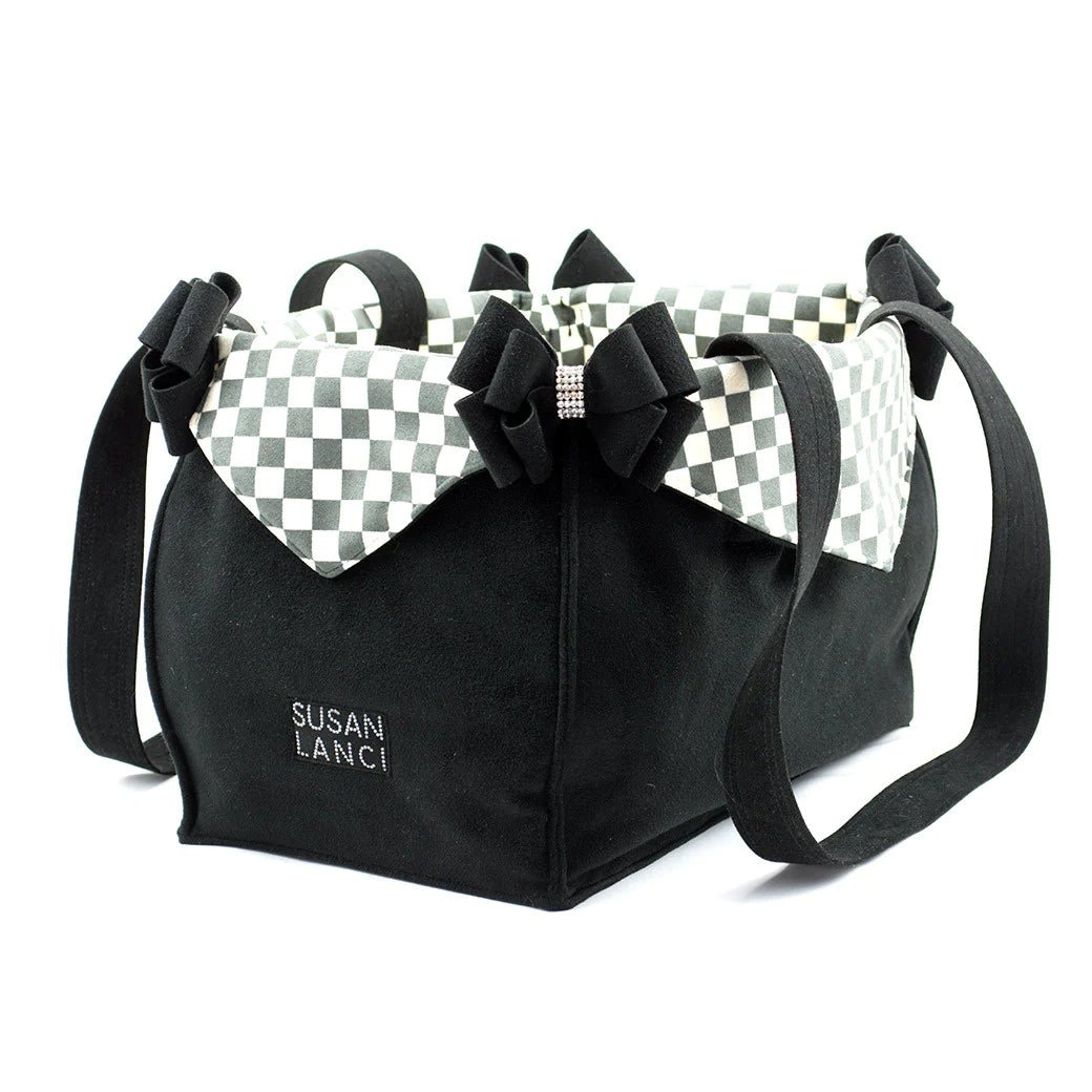 Susan Lanci Luxury Purse Carrier Collection- Windsor Check Ultrasuede Black Nouveau Bow