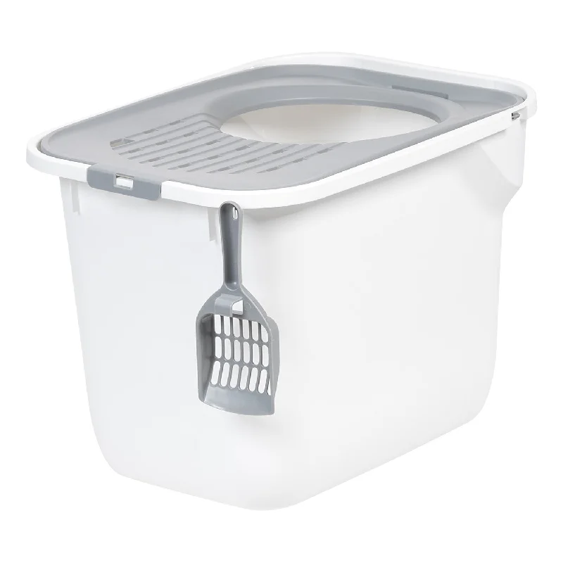 Top Entry Cat Litter Box with Scoop, White/Gray