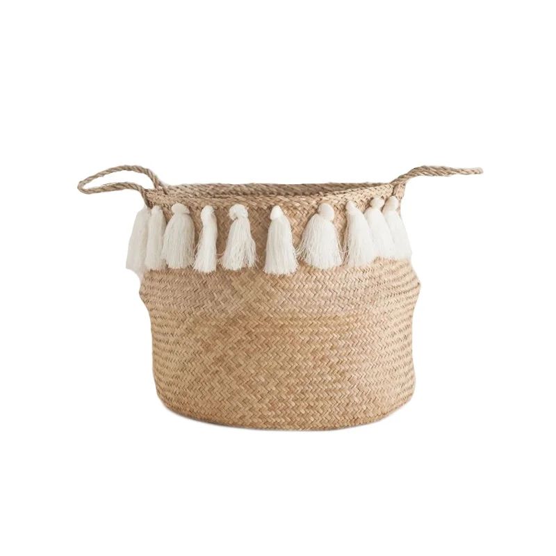 White Tasseled Folding Basket